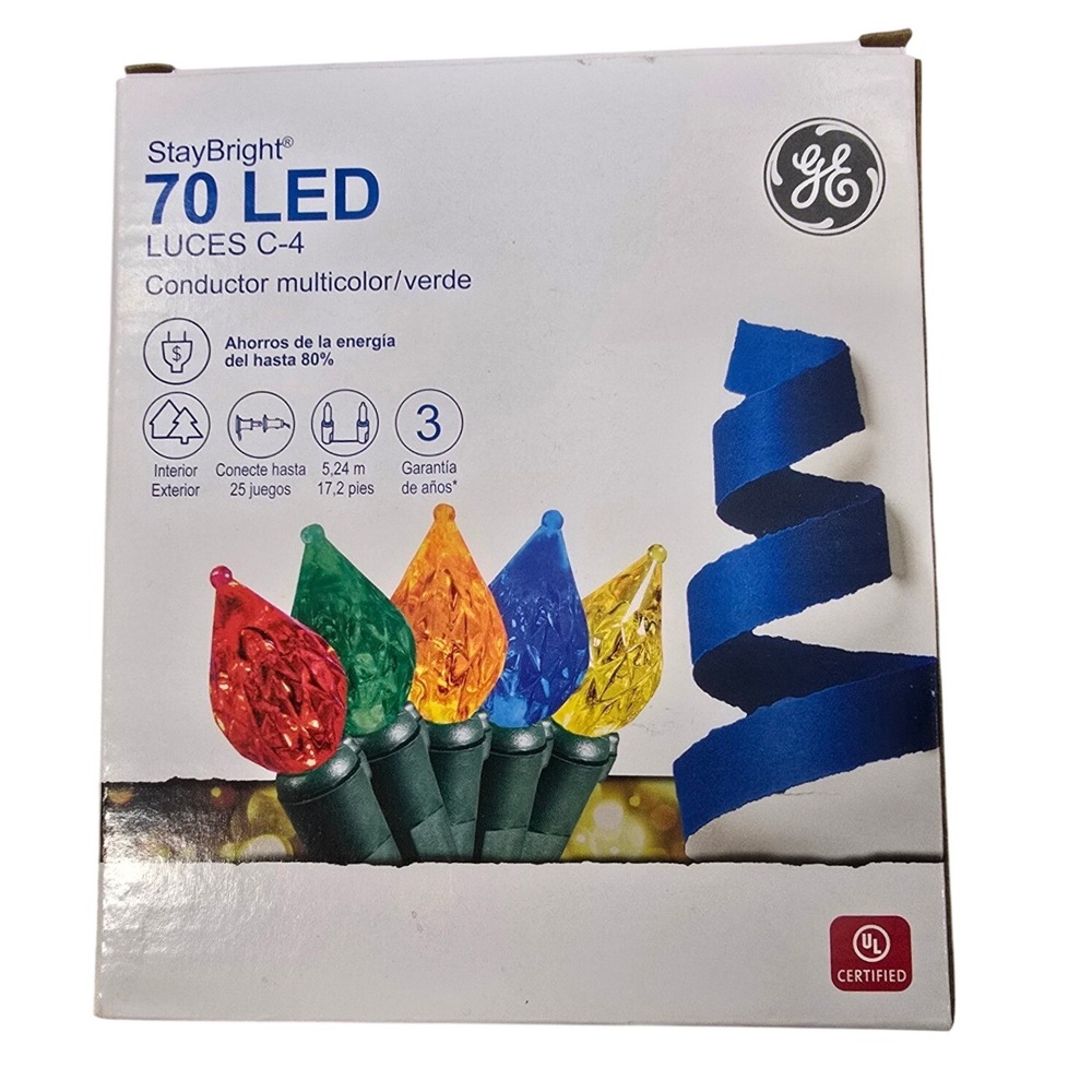 GE StayBright 70 LED C-4 Multicolor Christmas Lights Green 17.2ft Indoor NlB